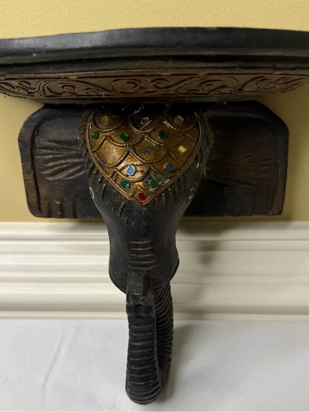 Vintage Carved Elephant Shelf with Embellishments